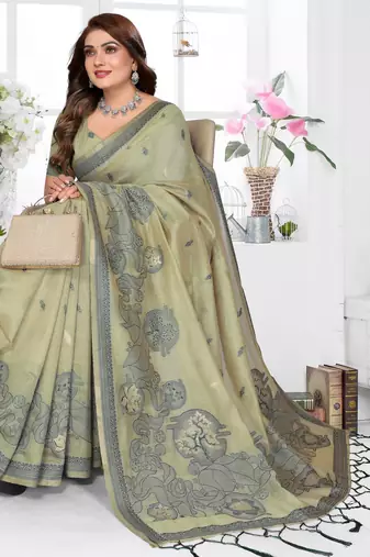green jacquard cotton blend saree with blouse 