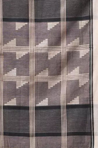 grey cotton blend saree with checkbox pattern