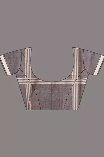 grey cotton blend saree with checkbox pattern