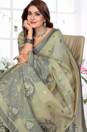 green jacquard cotton blend saree with blouse 