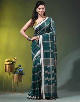 teal cotton blend saree with checkbox pattern 1