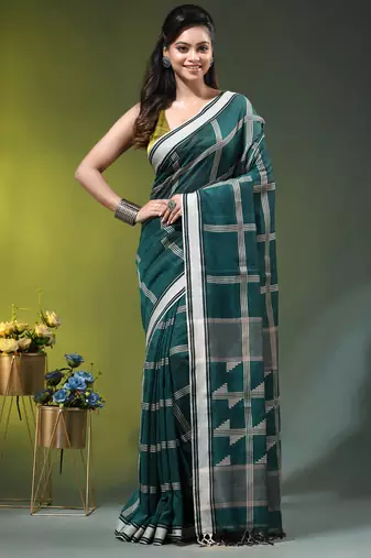 teal cotton blend saree with checkbox pattern