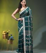 teal cotton blend saree with checkbox pattern