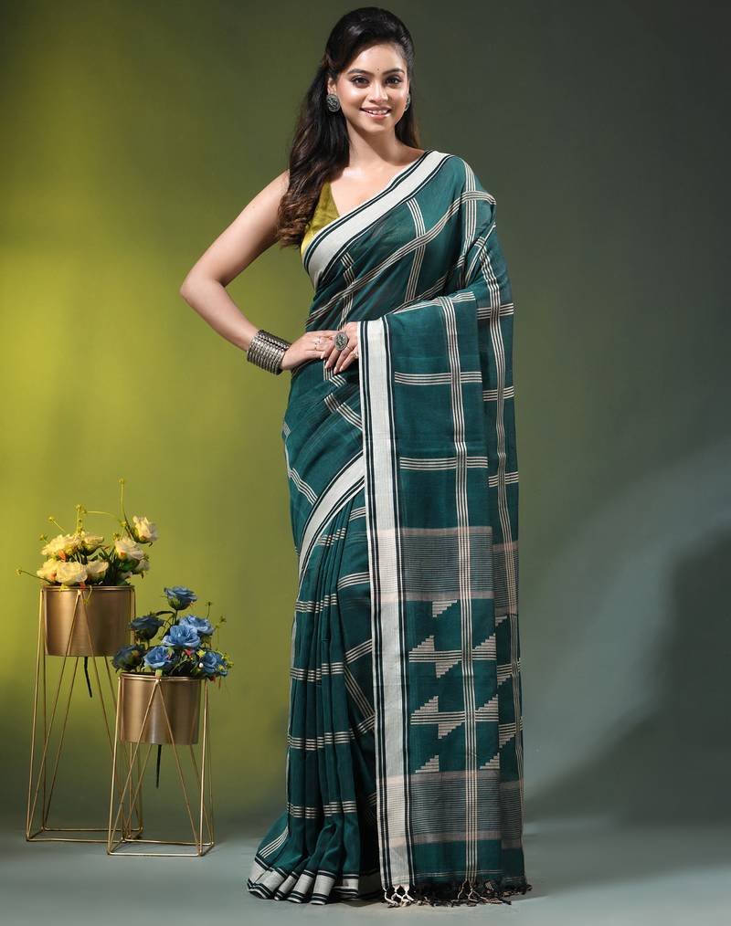 teal cotton blend saree with checkbox pattern