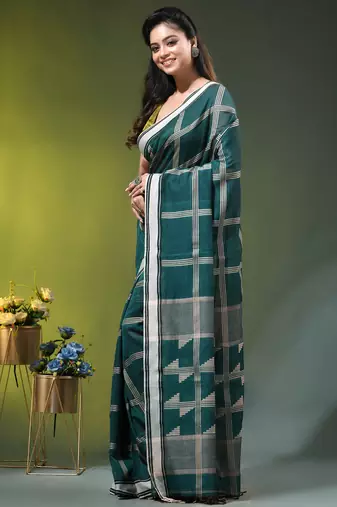 teal cotton blend saree with checkbox pattern