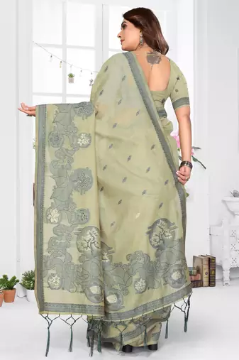 green jacquard cotton blend saree with blouse 