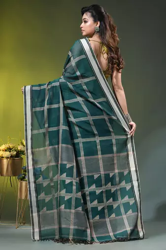 teal cotton blend saree with checkbox pattern