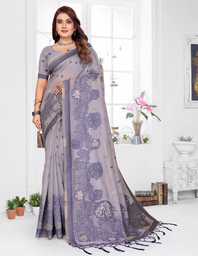 lavender jacquard cotton blend saree with blouse 