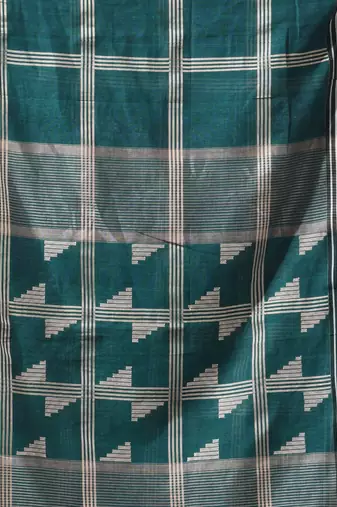 teal cotton blend saree with checkbox pattern