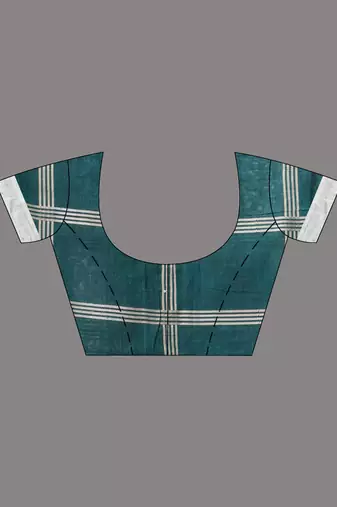 teal cotton blend saree with checkbox pattern