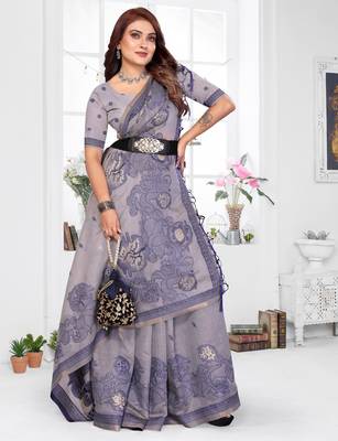 lavender jacquard cotton blend saree with blouse  2