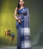 blue cotton blend saree with bird motifs