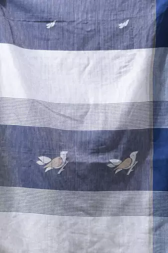blue cotton blend saree with bird motifs