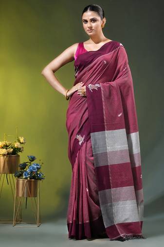 magenta cotton blend saree with bird motifs