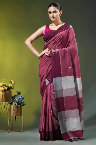 magenta cotton blend saree with bird motifs