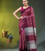 magenta cotton blend saree with bird motifs