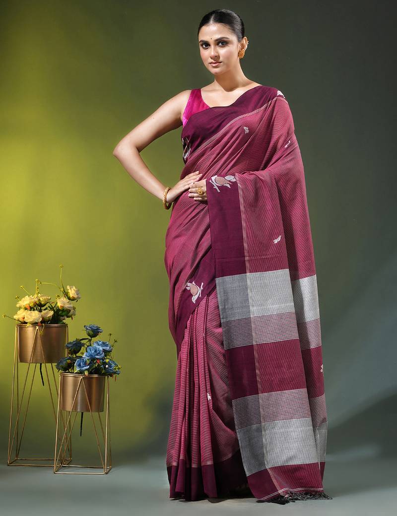 magenta cotton blend saree with bird motifs
