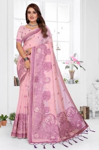 pink jacquard cotton blend saree with blouse 