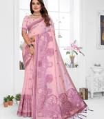 pink jacquard cotton blend saree with blouse 