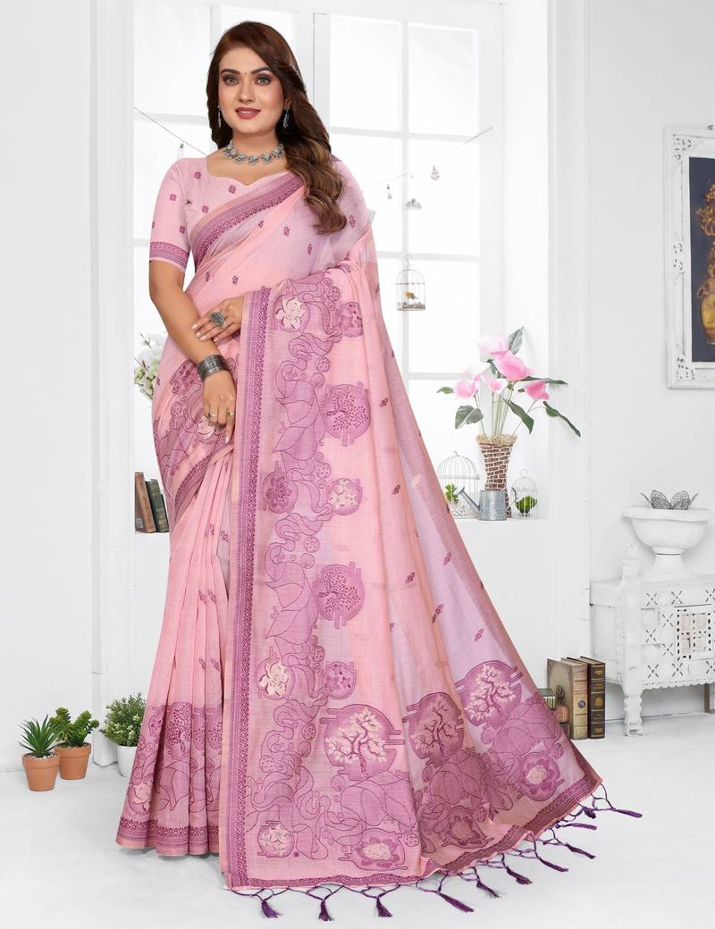 pink jacquard cotton blend saree with blouse 