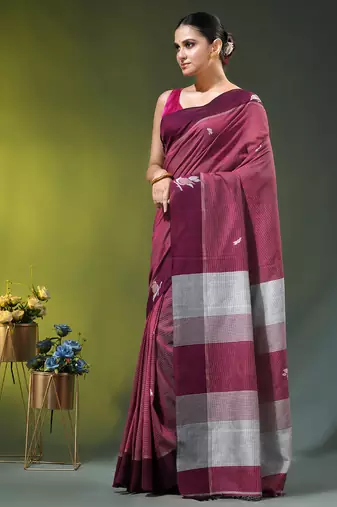 magenta cotton blend saree with bird motifs