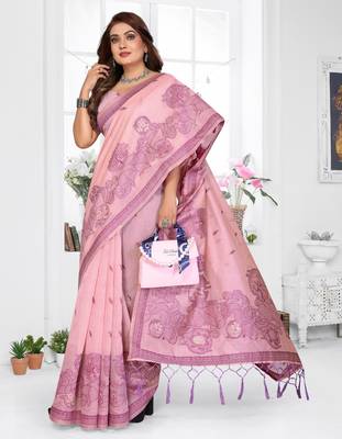 pink jacquard cotton blend saree with blouse  2