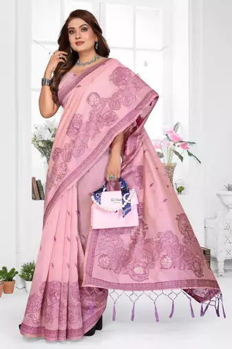 pink jacquard cotton blend saree with blouse 