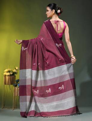 magenta cotton blend saree with bird motifs 3