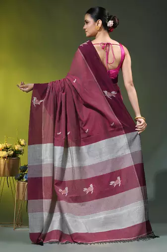 magenta cotton blend saree with bird motifs