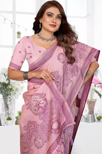 pink jacquard cotton blend saree with blouse 