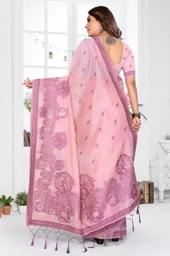 pink jacquard cotton blend saree with blouse 