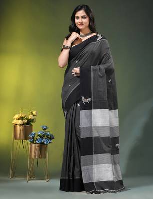 black cotton blend saree with bird motifs 1
