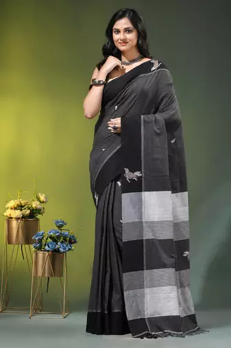 black cotton blend saree with bird motifs