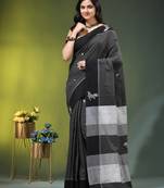 black cotton blend saree with bird motifs
