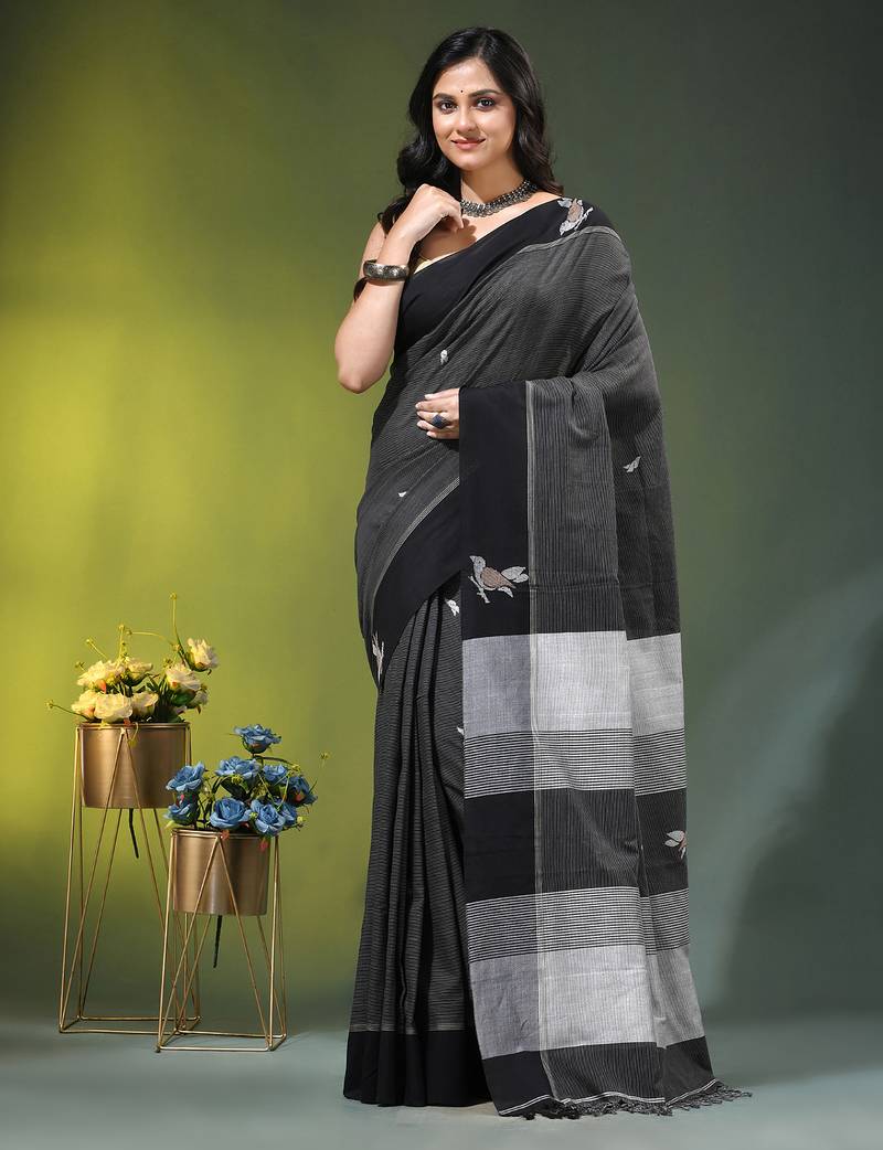 black cotton blend saree with bird motifs