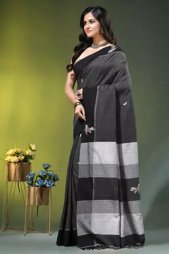 black cotton blend saree with bird motifs