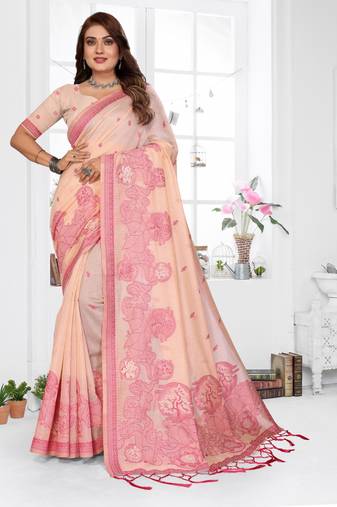 peach jacquard cotton blend saree with blouse 