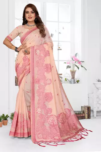 peach jacquard cotton blend saree with blouse 