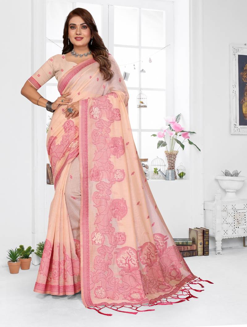 peach jacquard cotton blend saree with blouse 