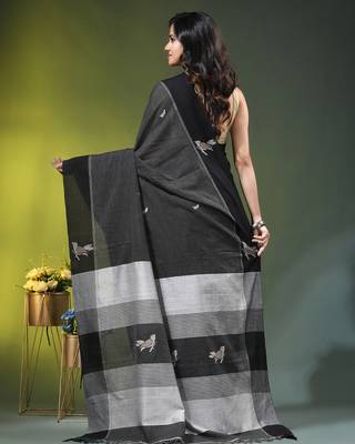 black cotton blend saree with bird motifs 3
