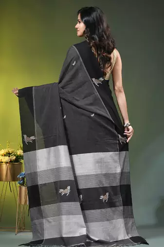 black cotton blend saree with bird motifs