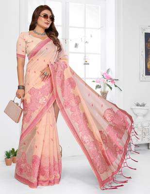 peach jacquard cotton blend saree with blouse  2