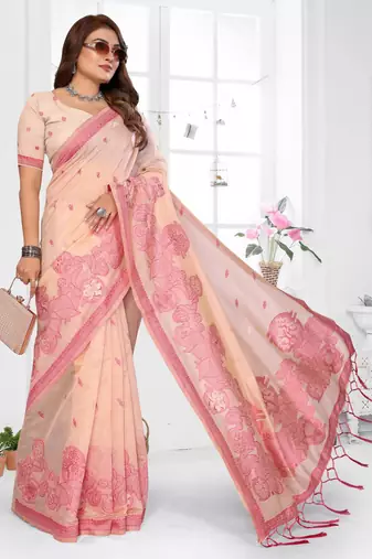 peach jacquard cotton blend saree with blouse 