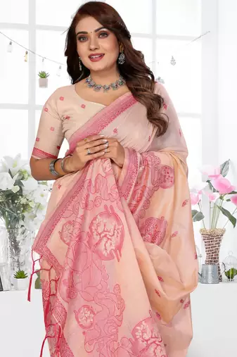 peach jacquard cotton blend saree with blouse 