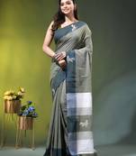 green cotton blend saree with bird motifs
