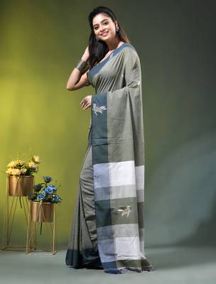 green cotton blend saree with bird motifs 2