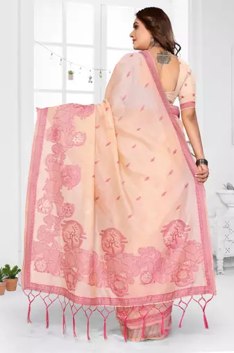 peach jacquard cotton blend saree with blouse 