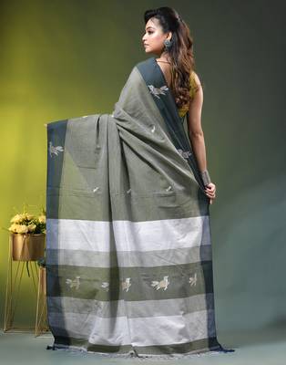 green cotton blend saree with bird motifs 3