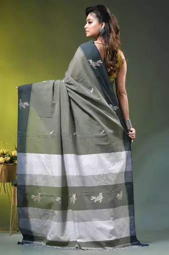 green cotton blend saree with bird motifs