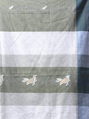 green cotton blend saree with bird motifs 4